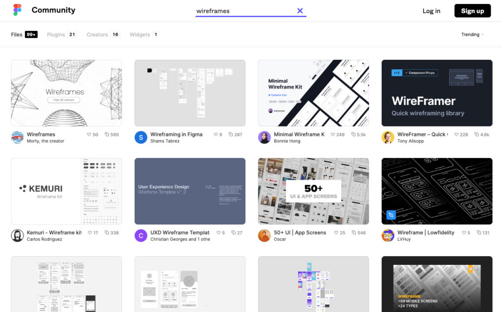A screenshot of Figma's community showing lots of wireframe templates.