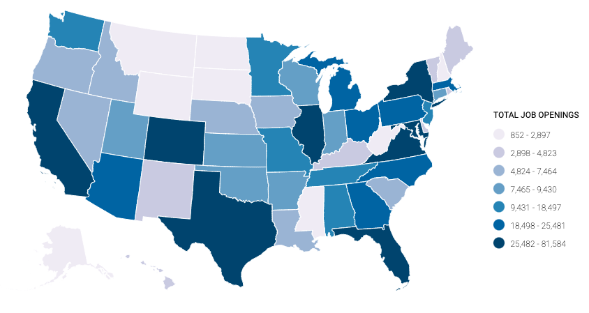 Cybersecurity Job Openings in the USA State Heatmap (Cyber Seek)