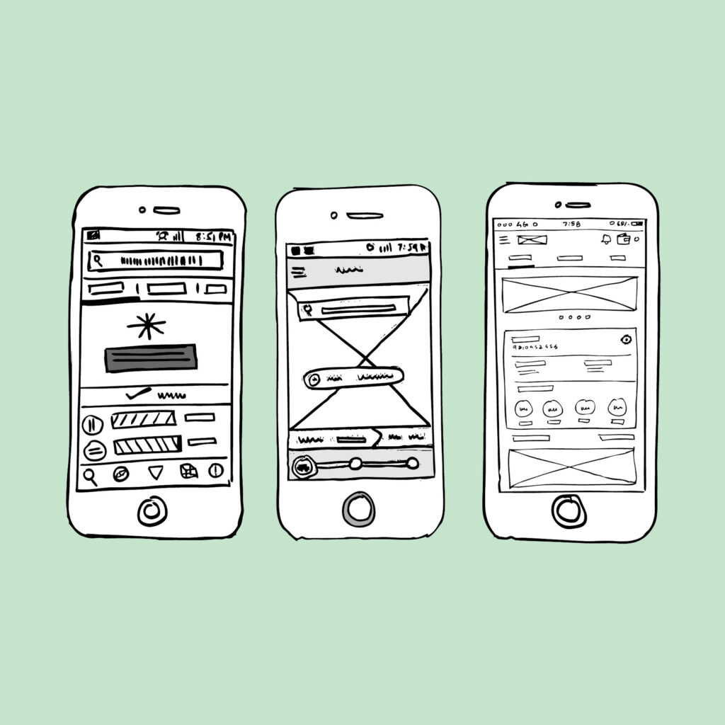Three samples of low-fidelity wireframes sketched with pen and paper