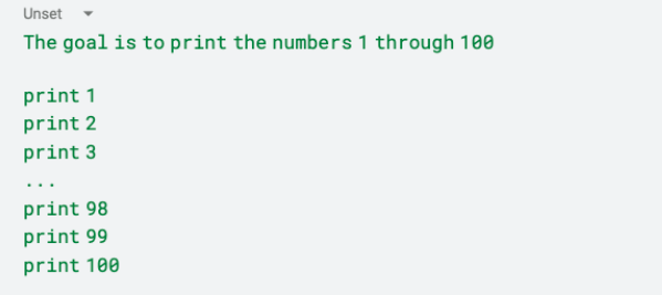 Pseudocode showing print outputs for the numbers 1 through 100