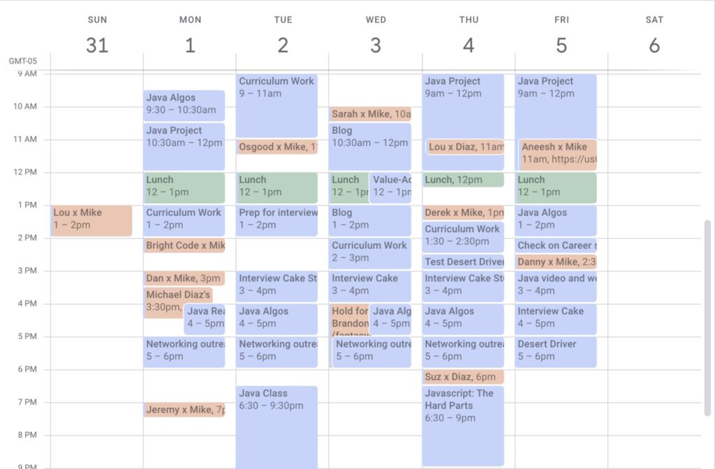 Sample schedule image of gmail calendar