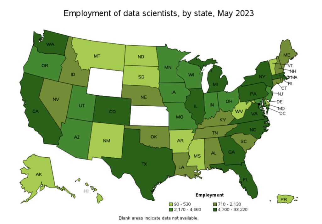 Employment of data scientists by state in 2023