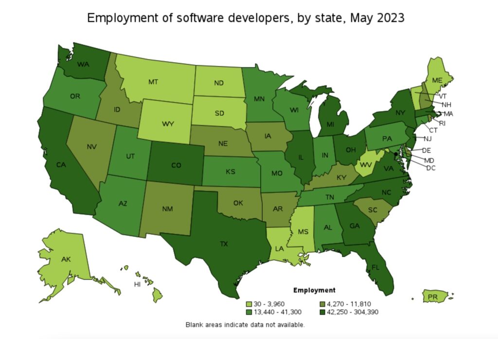 Employment of Software Engineers by state in 2023