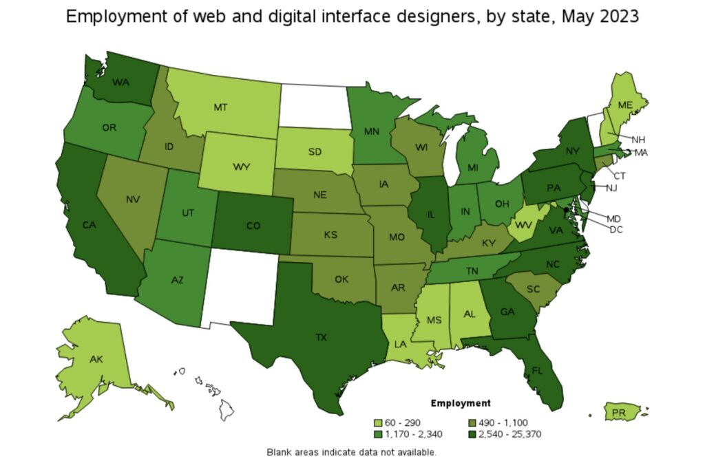 Employment of UX UI Designers by state in 2023