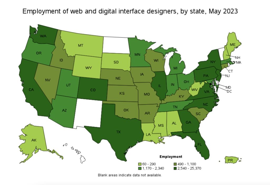 Employment of Web Developers by state in 2023